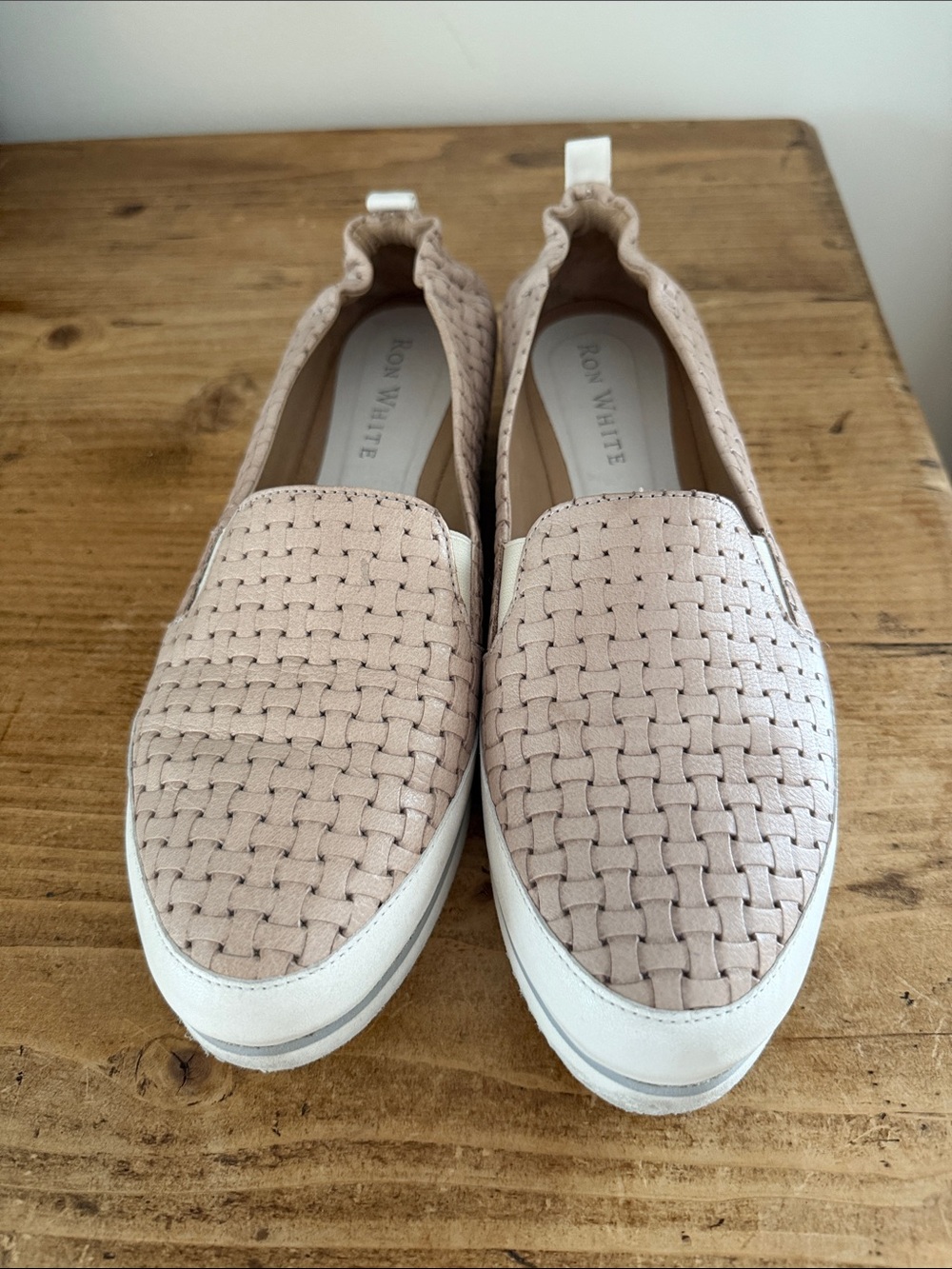 Ron White $595 neeva tan leather Woven Slip-On Platform Sneakers shoes 42